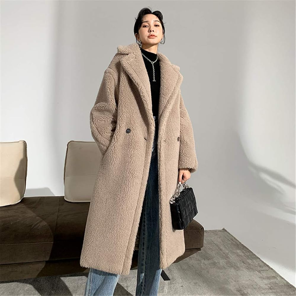 جاكت فرو طويل بياقة عريضة – لون بيج