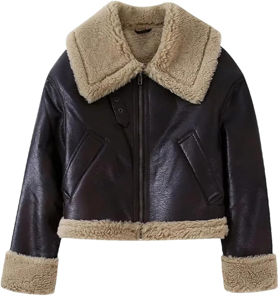 جاكيت فرو قصير جلد صناعي أسود بياقة فرو